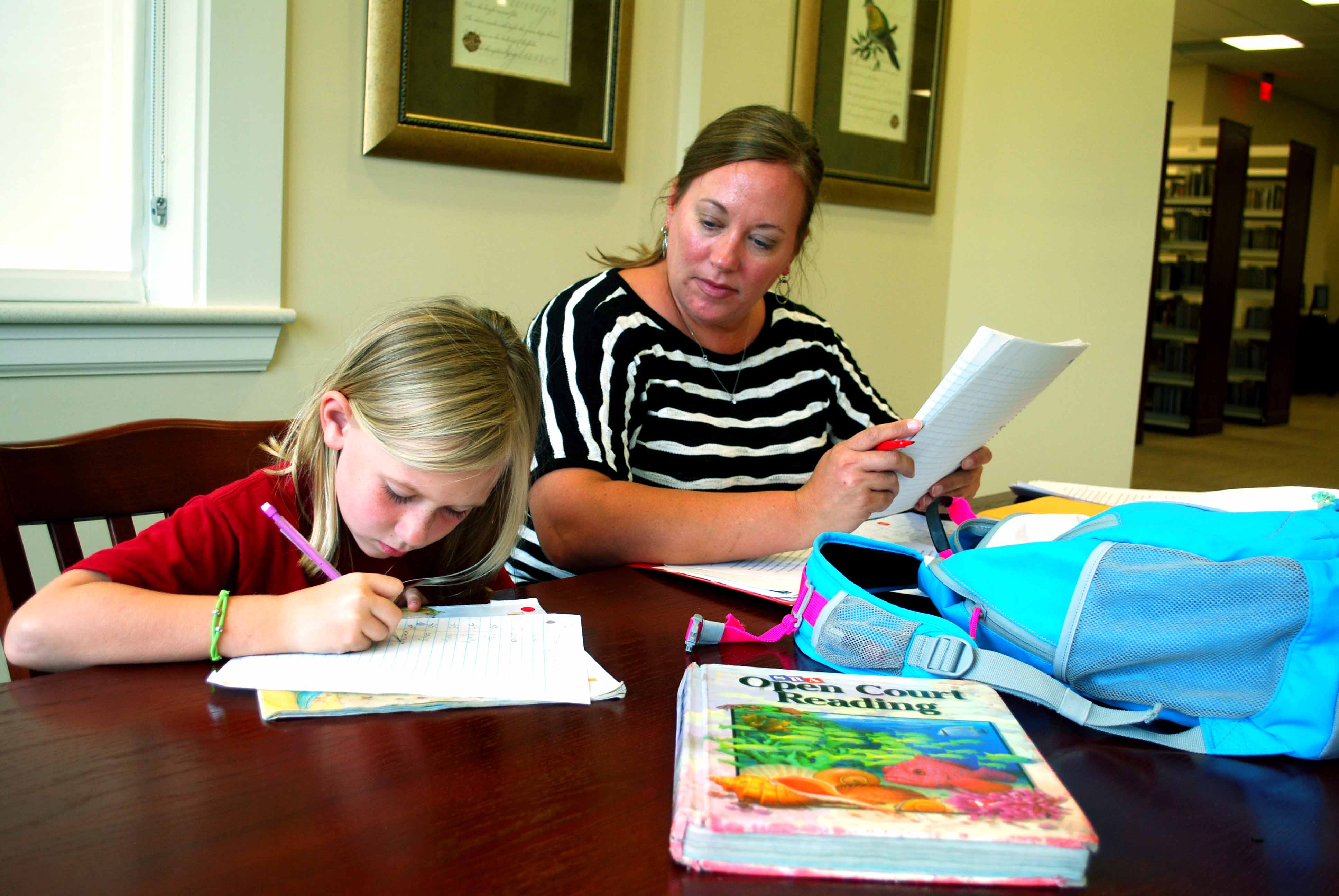 Ashley Eakes and Ensley Eakes, 7, work on a school assignment upstairs in the library.