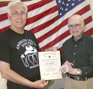 Randy Ross, Pike County veterans’ affairs officer, presented a certificate of service to Kyle Roberson and expressed appreciation to him on behalf of the American Legion Post 145 for his 60 years of continuous service to the American Legion.