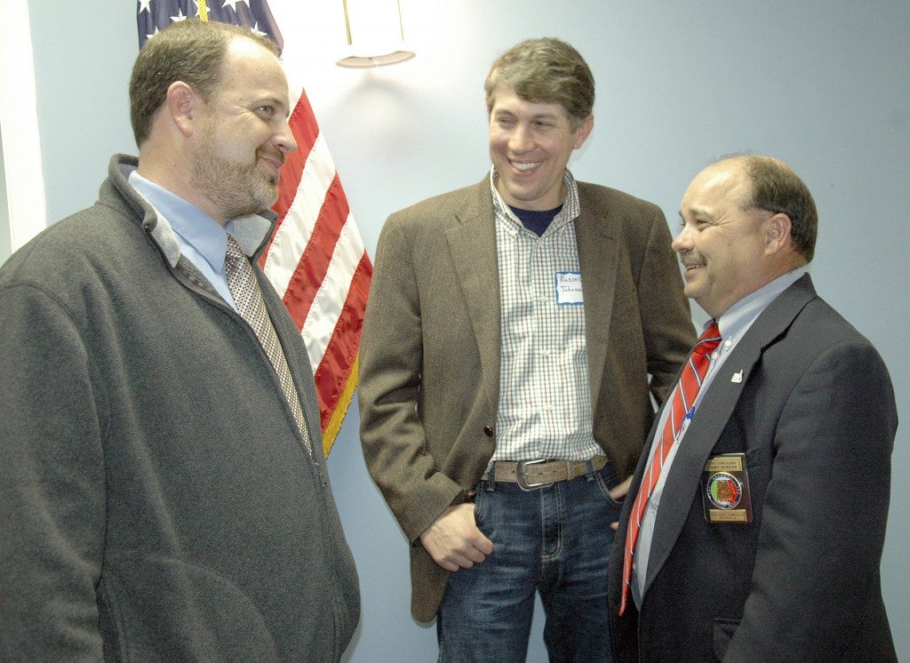 Candidates for the Pike County Commission, from left, Chad Copeland, Russell Johnson and Jimmy Barron, talked shop following the candidates forum hosted by the Pike County Republican Women at lunch Tuesday at Amercica Legion Post 70 building.