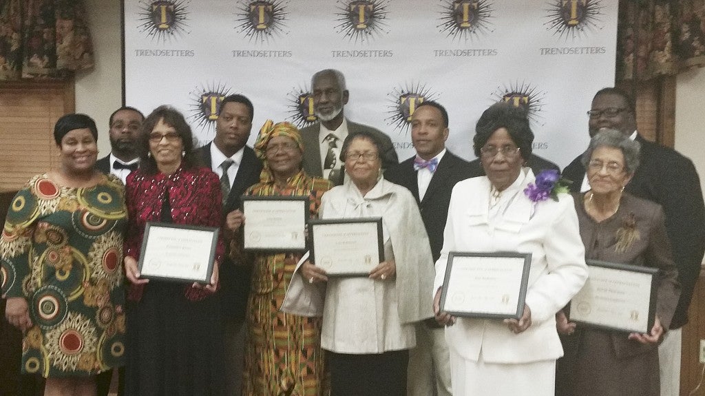 Seven members of the Brundidge community were honored by the Trendsetters Men’s Club for their loyalty and dedication to the Brundidge community. Pictured, front from left, Shelia Jackson, event entertainer, Constance Bivins, Lola Felton, Lois Robinson, Ann Andrews and Sylvia Thurman. Back, David Christian, Adrian McKinney, Moses Davenport, Anthony Foster, Jerrick Lewis and Henry Everett.