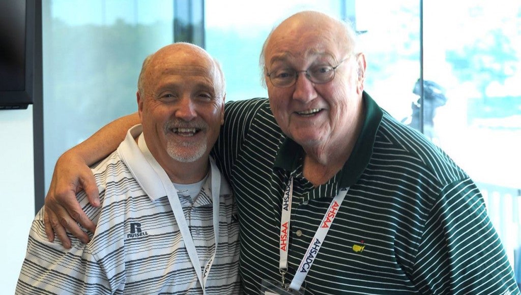 Ron Ingram, above left, says mentors like David Housel of Auburn University encouraged and nurtured him during his 40-plus year career as a sportswriter. The pair are pictured at the AHSAA Champions Challenge game between Gordo (Housel’s alma mater) and Glencoe last August.