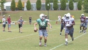 Photo/Mike hensley The Troy defene took major strides during Troy’s eigth practice of fall camp on Tuesday morning. Tuesday’s practice was named competition Tuesday and the Troy defense won the day by winning six of the 11 periods during practice. 