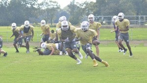 Messenger Photo/mike hensley The Goshen Eagles spent Wednesday afternoon preparing to take on Ariton this Friday night at Eagles Stadium. The Purple Cats and Eagles will kick things off at 7 p.m.