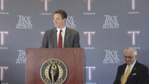 Troy Athletic Director explains the North End Zone Facility during a press conference on Thursday.